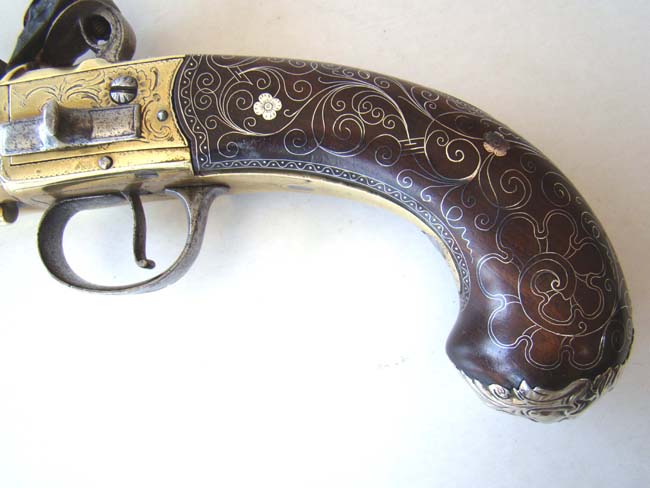 A Magnificent Brass Double Barreled Flintlock Pistol with Silver Inlays by John Parkes of London circa 1770. — image 5